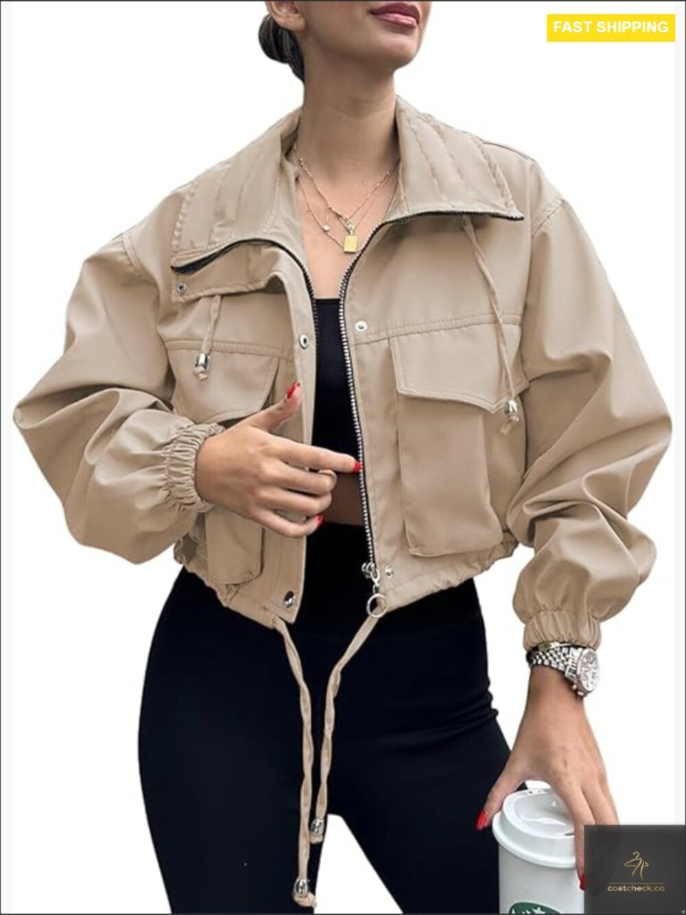 Cropped Zip Up Jacket Lightweight Oversized Utility Anorak Coat with Pockets